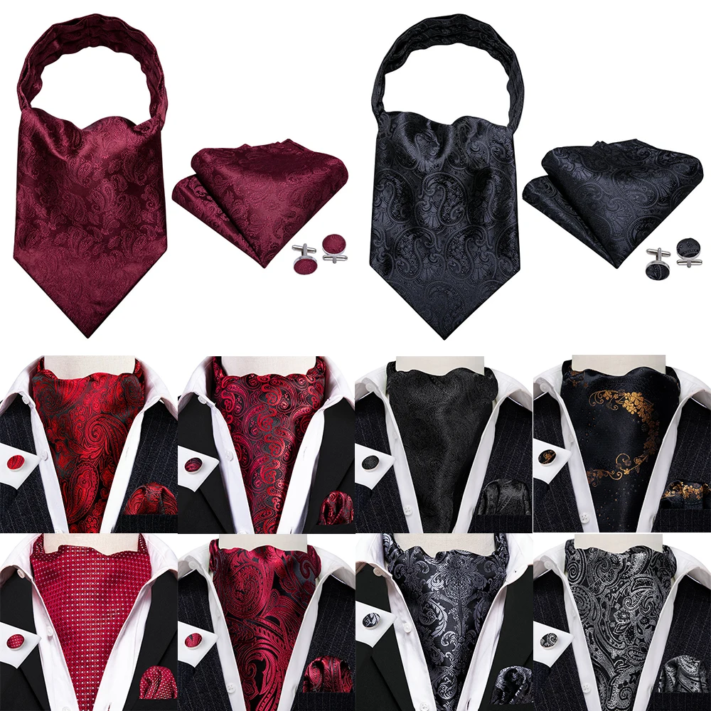 Wedding Red Paisley Silk Cravat Tie For Men Exquisite Jacquard High Quality Ascoat Kerchief Cufflinks Sets Gifts Barry.Wang 0001