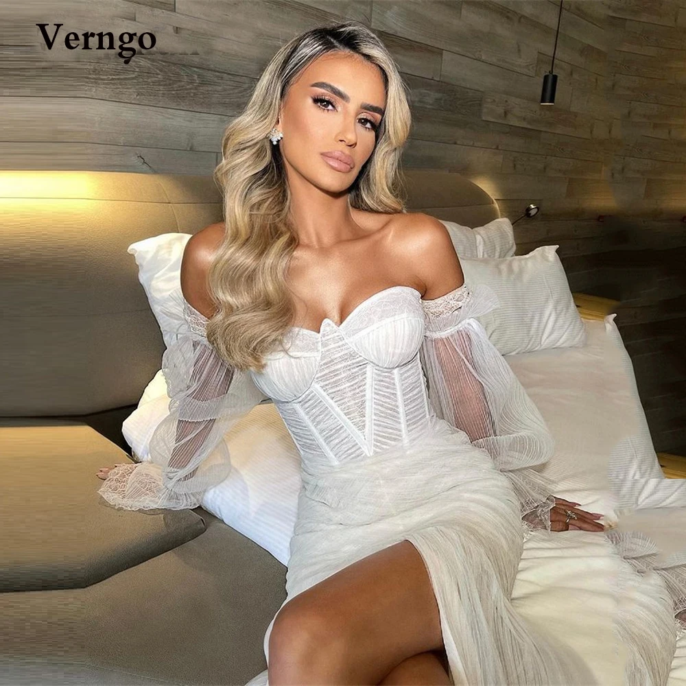 Verngo Modern Sexy Sweetheart Tulle Beach Wedding Dresses With Detachable Puff Long Sleeves Pleats Bones High Slit Bride Gowns