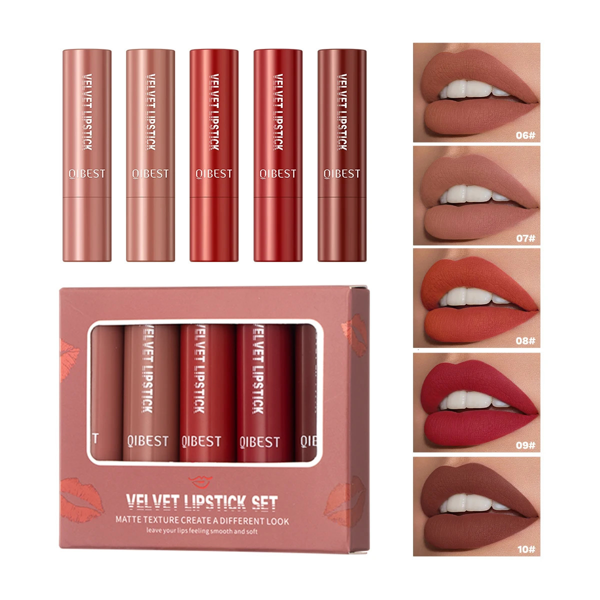QI 5Pcs/Set Matte lipstick Set Stickless Cup Lip Color Lasting Classic Lip Color Stain Free Velvet Mist lipstick Set 241031