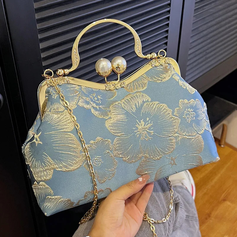 Vintage womens flower wallet and handbag evening clutch embroidery chain cross body bag wedding shell clip handbag 241031