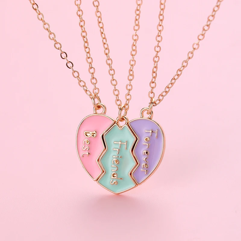 Luluo&baby 3Pcs/Set Cute 3-color Heart Broken Stitching Magnetic Best Friend Necklace for Girls Kids BFF Friendship Jewelry Gift