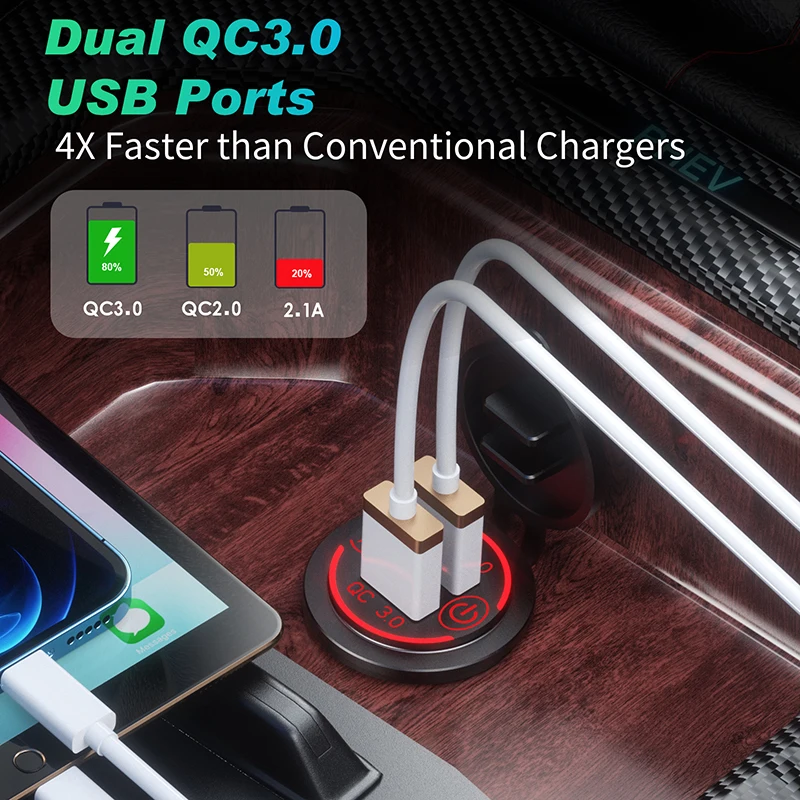 12V/24V Dual QC3.0 Car Charger Socket Power Outlet Adapter USB Fast Charger Waterproof for Boat RV Marine Motocycle SUV RV