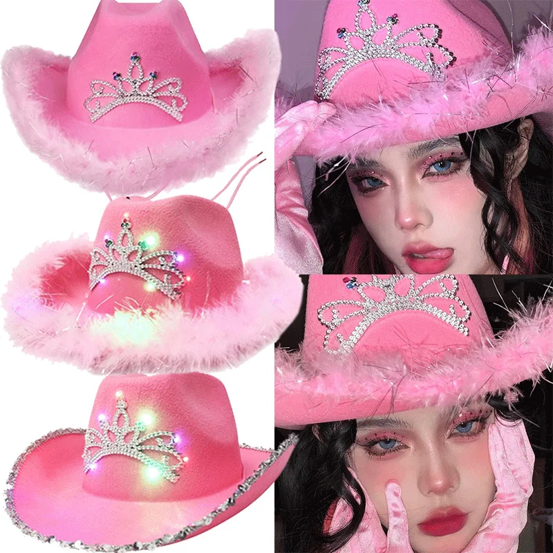Pink West Cowgirl Hats For Women Cow Girl Hats Tiara Feather Felt Western Sequin Cowboy Hat Costume Party Night Club Cap