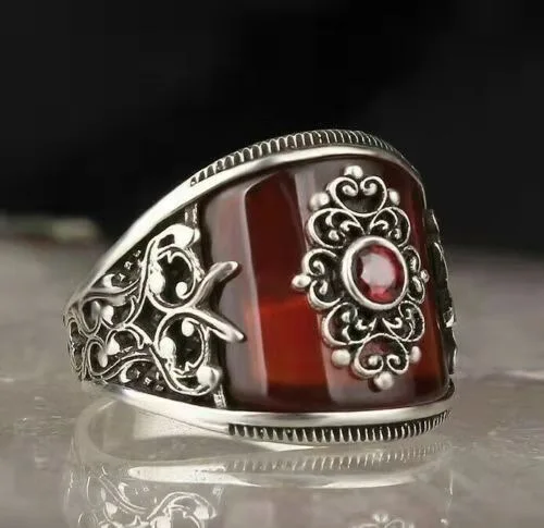 New Retro Turkish Handmade Silver Color Men Rings Vintage Carved Eagle Pattern Black Zircon Stone Rings 2022 Punk Muslim Jewelry