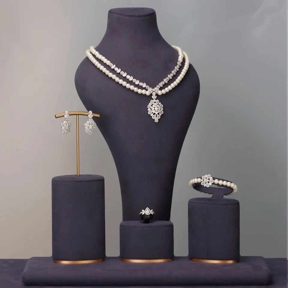 double-layer pearl necklace cubic zirconia 4-piece jewelry set Dubai bride wedding necklace accessories 241031