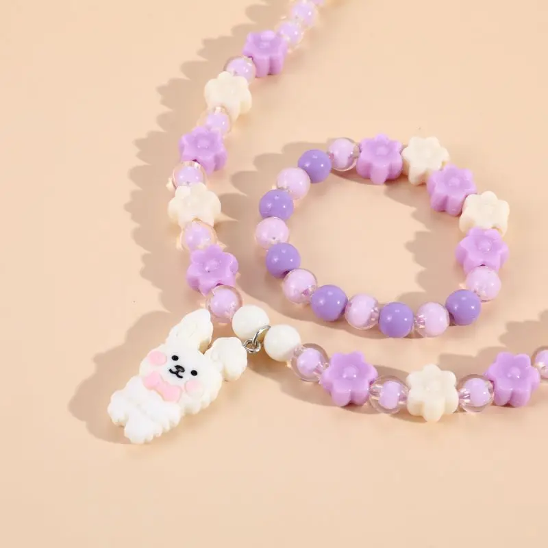 Makersland Children Necklace Bracelet Set,Cute Pendant Pink Purple Beaded Jewellery Girls Necklace Beads Jewelry Sets Wholesale