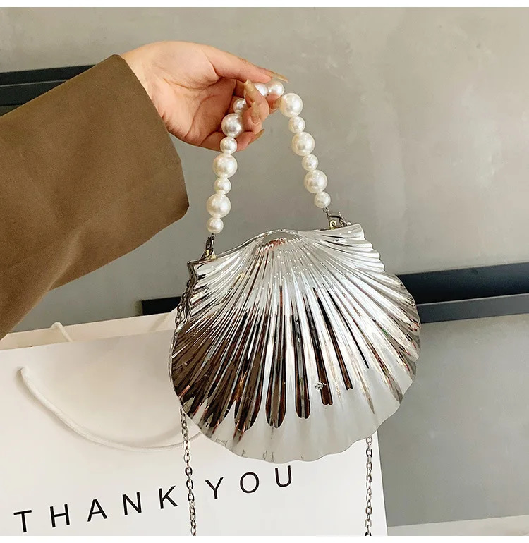 Evening Shell shaped Womens Clutch Bag Wedding Bridal Handbag Pearl Bead Fashion Shell Chain Party Bag 241031