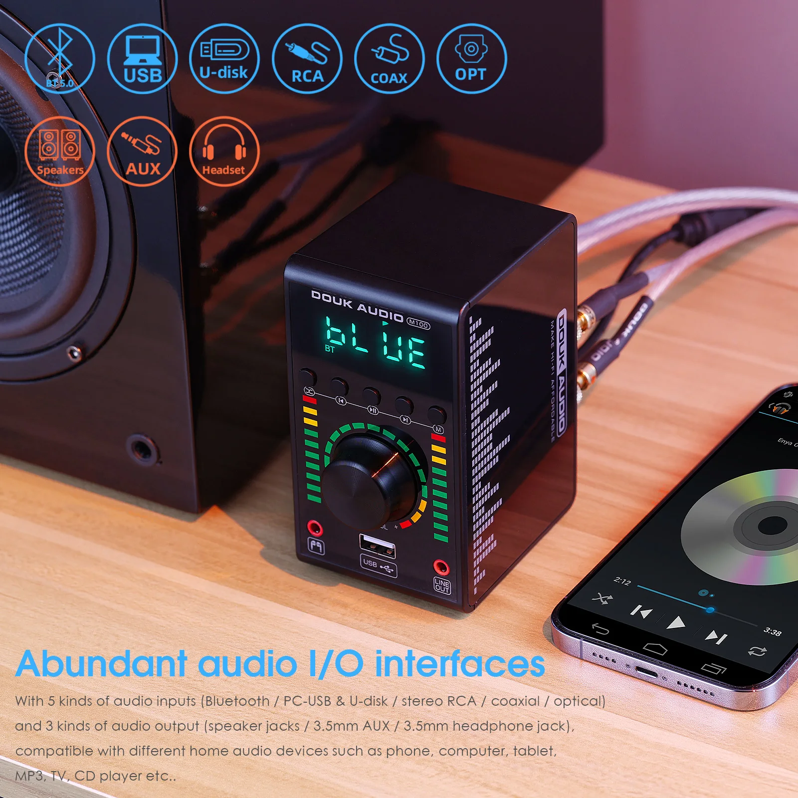 Douk Audio Mini Digital Amplifier COAX / OPT Integrated Bluetooth 5.0 Amp Home/Car/Marine Audio Amp USB Player 24B/192K