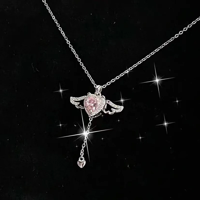 Pink Crystal Angel Wings Heart Pendant Necklace For Woman Minimalist Jewelry Girl's Neck Chain