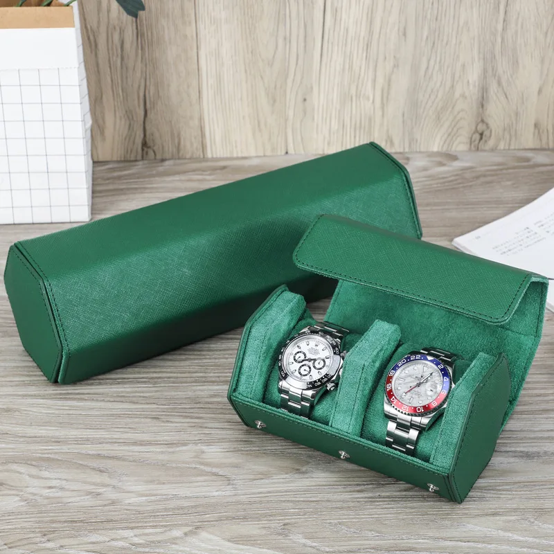 TOP 2/3/4Slots Watch Roll Box Saffiano Genuine Leather Watch Travel Roll Box Jewelry Storage Organizer Green Portable Watch Case