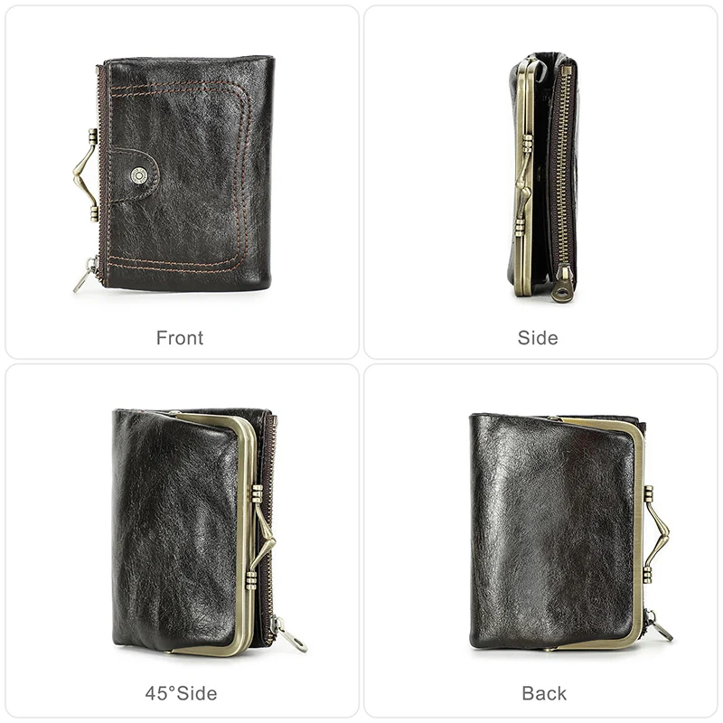 Genuine Leather Clutch Bag Women's Small Metal Frame Purse Clasp and Zipper Coin Pocket for Credit Card Holder Wallets