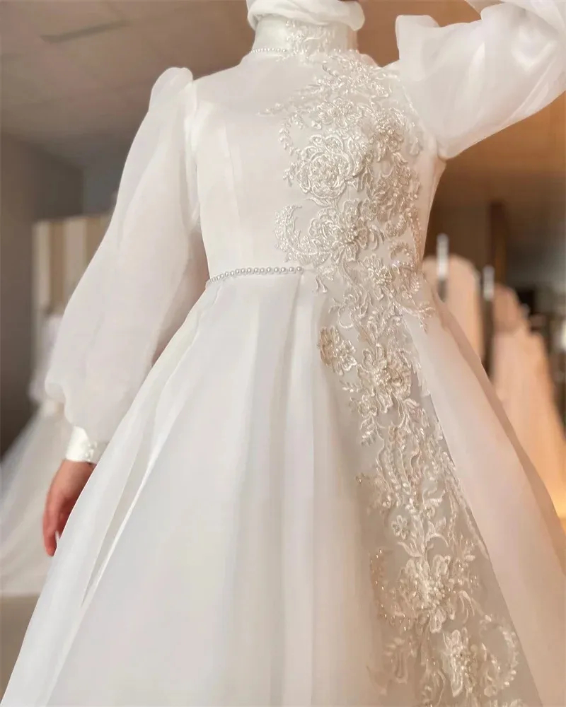 Modest Muslim Wedding Dresses Long Sleeves High Neck Lace Appliques Ivory Organza Bridal Gown Arabic Islamic A Line Court Trian Vestido De Novia Custo