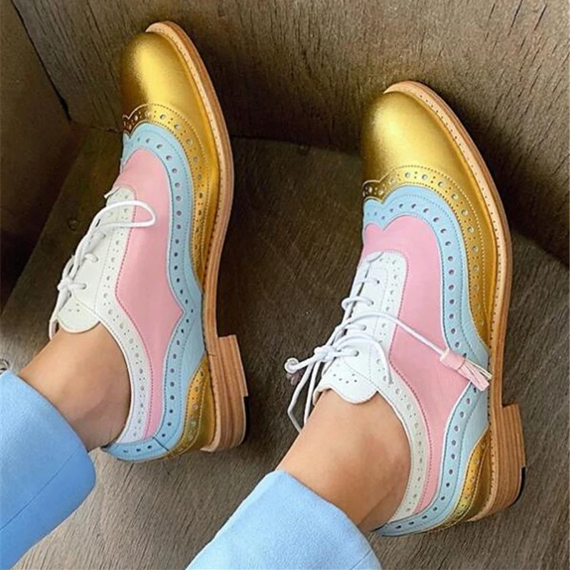 Women Soft Leather Oxfords Hand-made Leisure Lace-up Brogues Wingtips Shoes For Ladies New Arrival Caved Tassel Flats