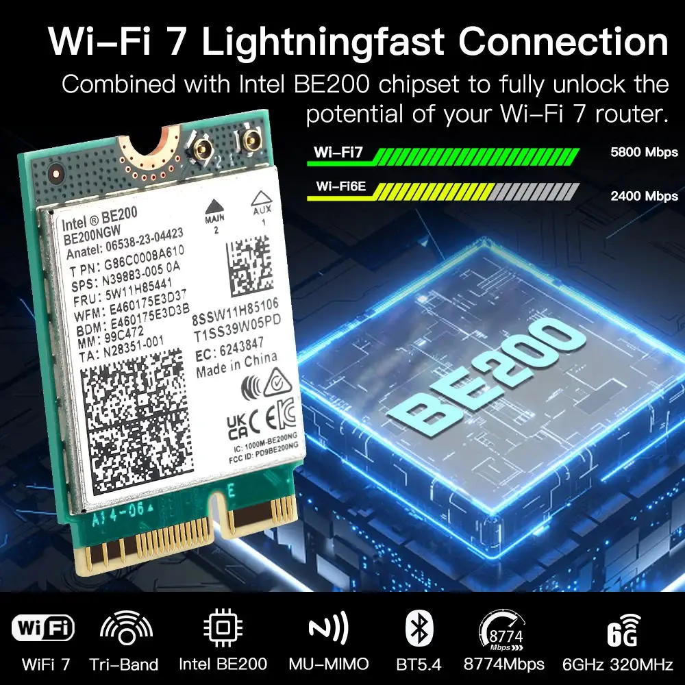 New 5.8 Gbps Wi-Fi 7 Bluetooth 5.4 PCI-E Wifi Adapter Intel BE200 Card 2.4/ 5/ 6 GHz 802.11be For Windows 11 PC Desktop