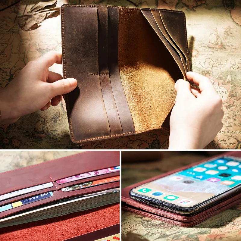 Crazy Horse Leather Long Purse Genuine Leather Cow Leather Double Fold Men's Wallet Retro Men's Large Capacity Clutch Bag