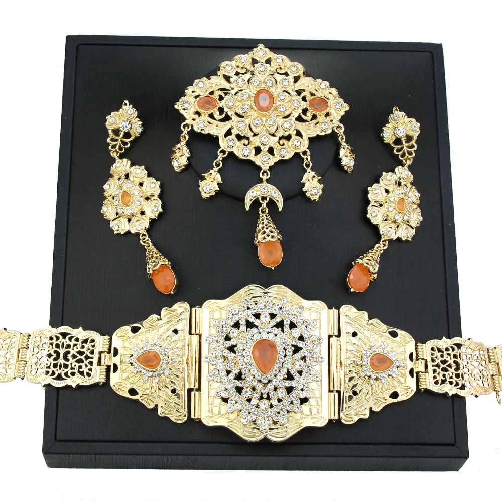 Sunspicems Morocco Bride Jewelry Sets Gold Color Orange Crystal Brooch Women Earring Caftan Waist Chain Belt Wedding Jewelry