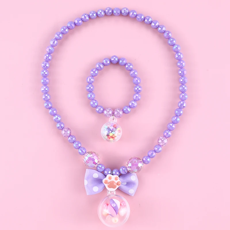 Makersland Children Necklace Bracelet Set,Cute Pendant Pink Purple Beaded Jewellery Girls Necklace Beads Jewelry Sets Wholesale