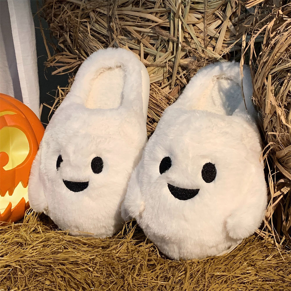 Cute little ghost Winter toe pack Warm cotton slippers Soft sole Slipper ladies indoor floor flat home couple non-slip shoes