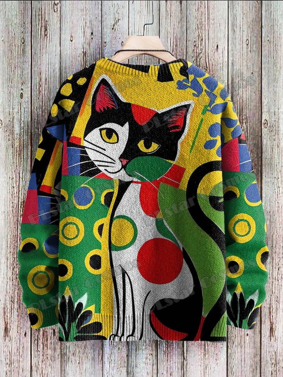 Cute Cat & Halloween Ghost Swing Retro Art Pattern 3D Printed Men's Knitted Pullover Winter Casual Knit Pullover Sweater ZZM73