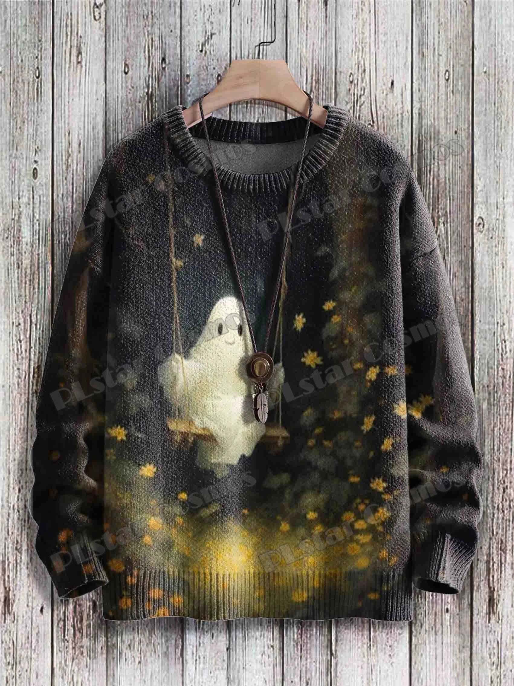 Cute Cat & Halloween Ghost Swing Retro Art Pattern 3D Printed Men's Knitted Pullover Winter Casual Knit Pullover Sweater ZZM73