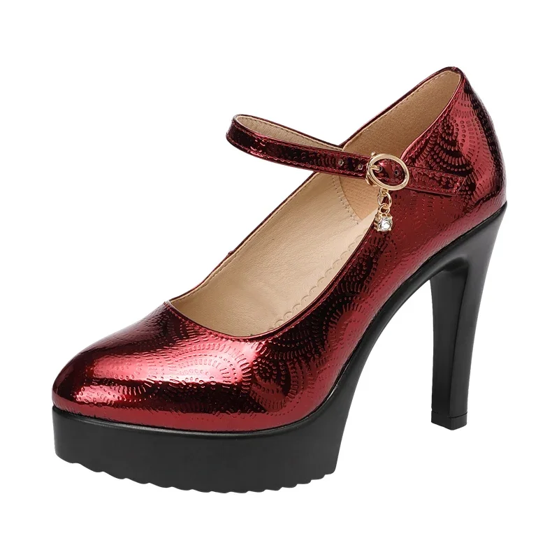Small Size 32-43 Bright Leather Shoes Women's Platform Pumps 2024 Fall Shallow Block High Heels Wedding Shoes Silver Model Work