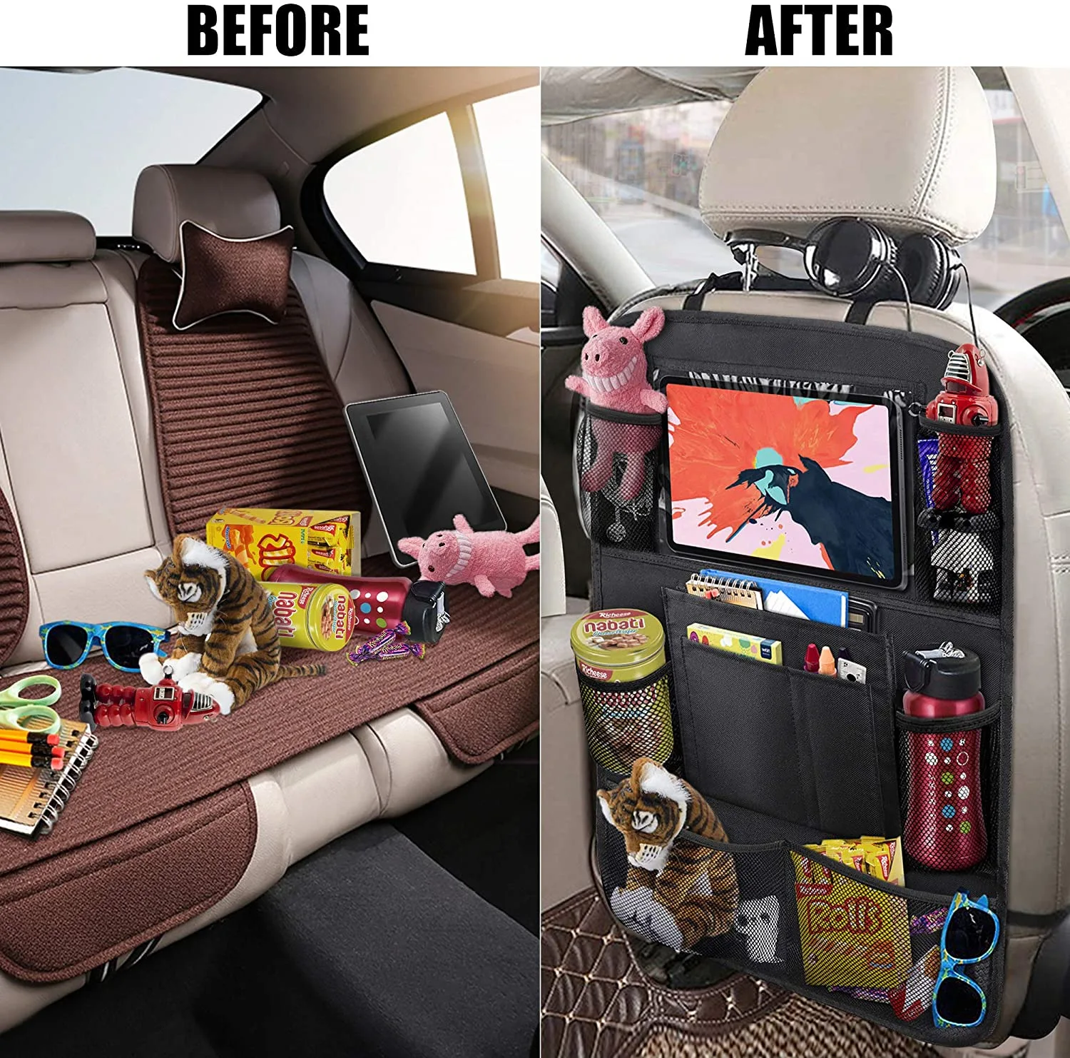 Children Car Seat Organizer Multifunctional Oxford Fabric Car Back Multi Pocket Storage Bag with Tablet Holder Protector for Kid