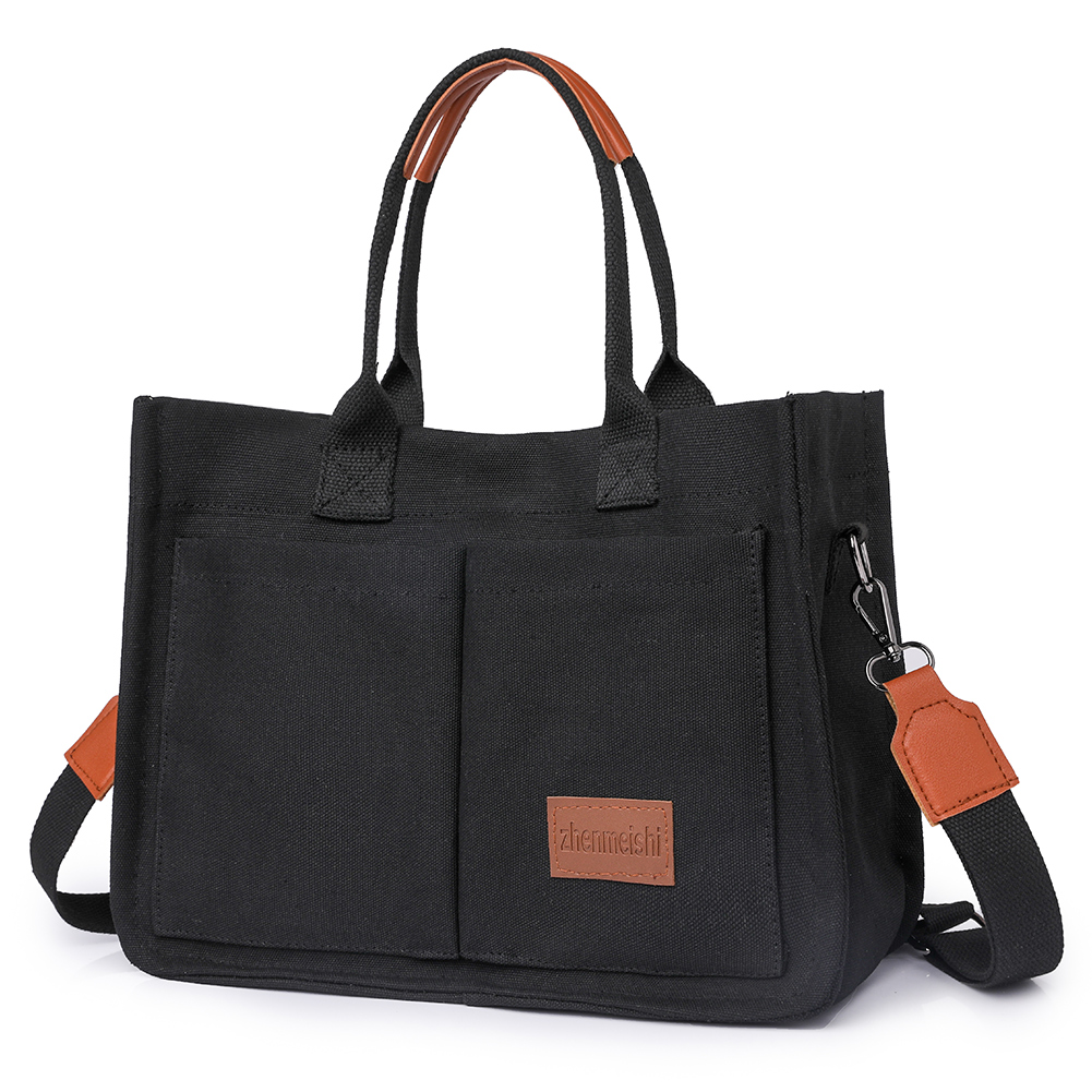 Women Retro Top Handle Bag Large Capacity Canvas Stylish Crossbody Bag Adjustable Strap Multi Pockets Casual Satchel Bag