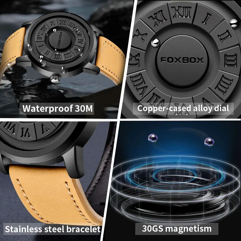 2024 New Men Watch FOXBOX Brand Creative Scrolling Beads Quartz Watches for Men Magnetic Force Leather strap Waterproof Clock