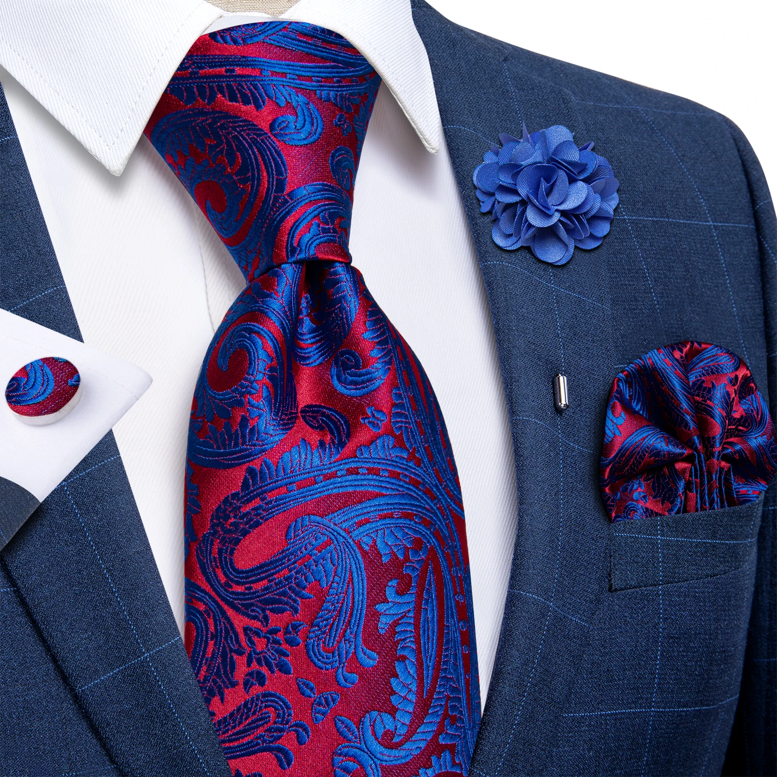 2023 New Classic Green Blue Paisley Silk Ties For Men Handkerchief Cufflinks Brooch Pin Wedding Accessories Men Gift Dropship