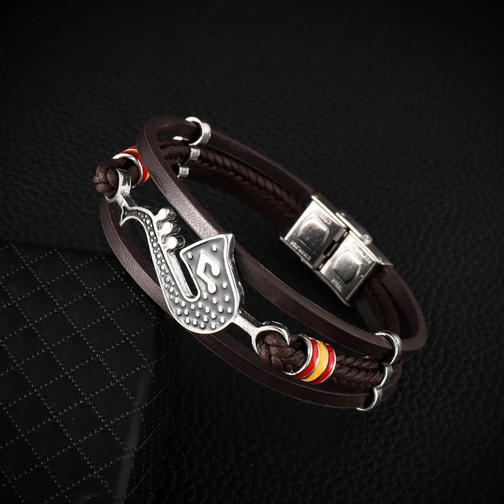 Trendy Personality Saxophone Music Bracelets for Men Leather Woven Note Multi-Layer Bracelet Student Men's Accessory Bracelet