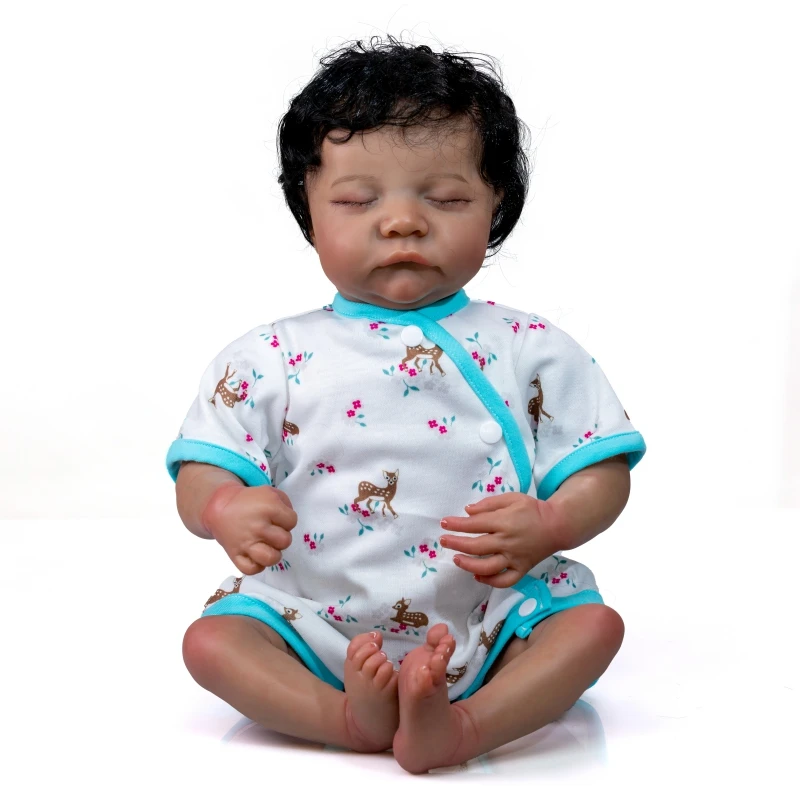 NPK 50CM Soft Body Flexible Reborn Baby Handmade Levi Black Skin African American Baby Handrooted Hair with Bottle and Pacifier