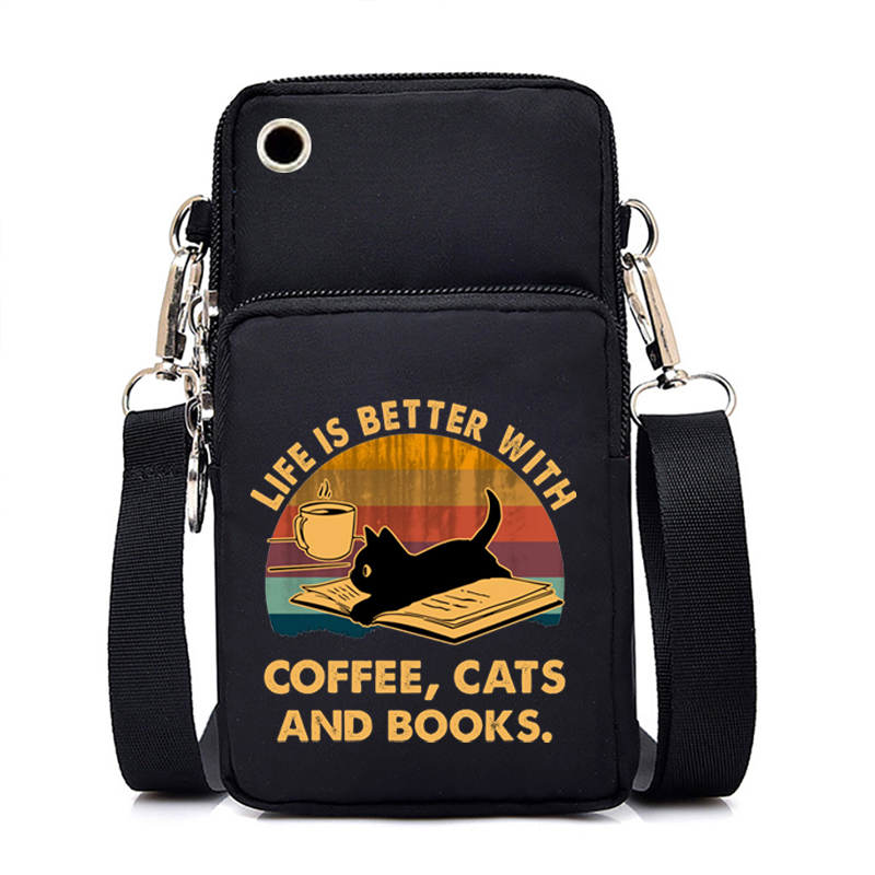 Black Cat Bag Women Men Mobile Phone Bag Crossbody Universal Xiaomi/huawei/iphone Ect Black Cat Purse Wristlet Shoulder Bag