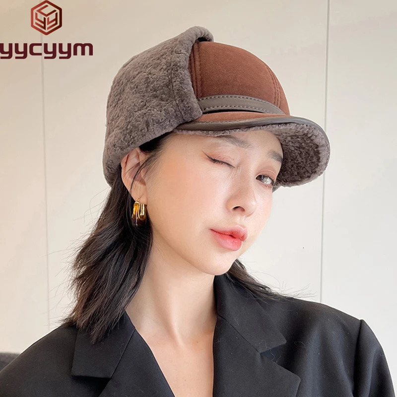 high-quality winter leather hat womens fur Lambswool warm thick ear flap bomber hat womens baseball hat Russian hat 241031