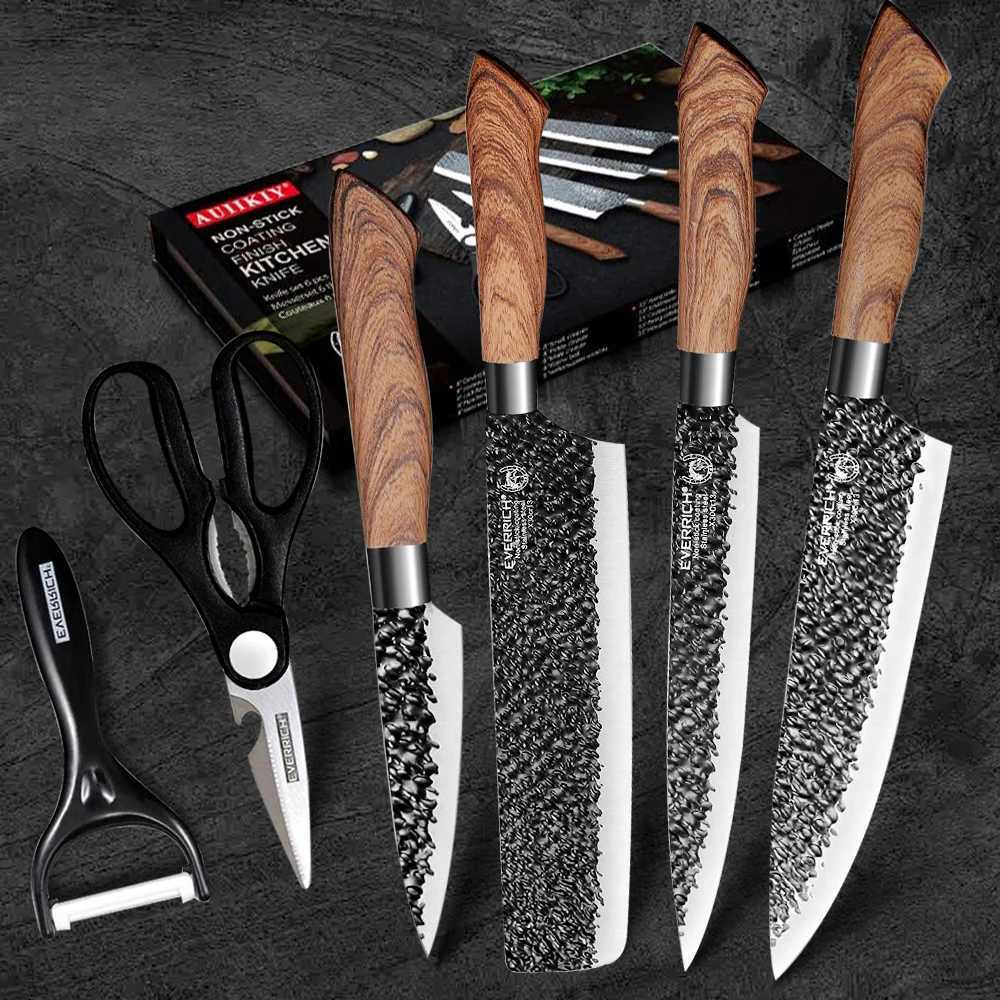 Kitchen Knife Stainless Steel Set Tools Forging Kitchen Knife Scissors Peeling Machine 6-piece Chef Slicer Nakiri Paring Knife Gift Box X241102