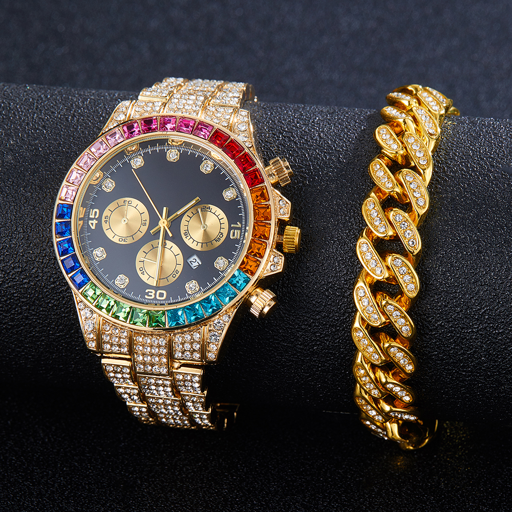 Rock Style 14K Golden Plated Men's Watch Set Colorful Baguette CZ Dial with Iced out Cuban Chain Bracelet Set with gift box