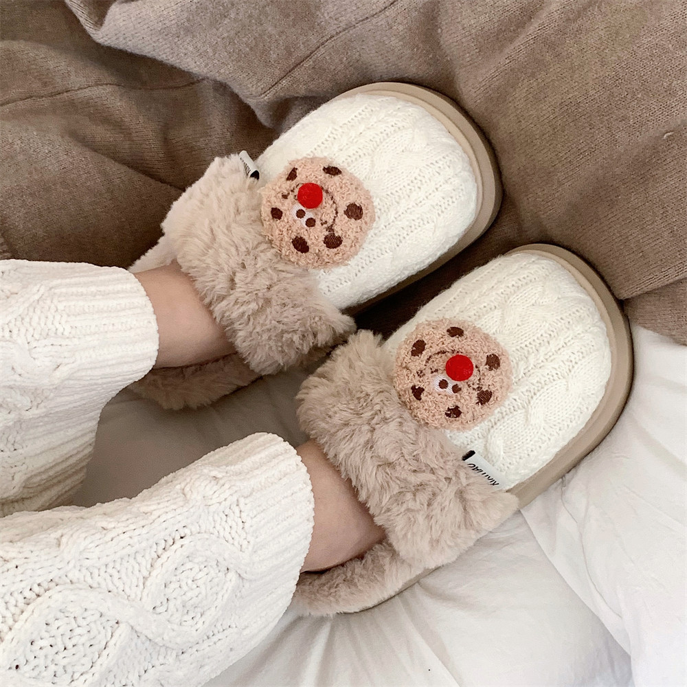 Women's winter trend Red Nose cookies Fluffy cotton slippers Warm and fun cotton slippers for the home bedroom in winter