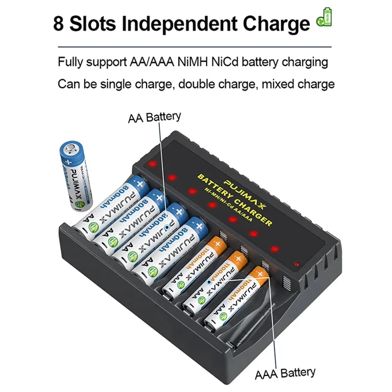 PUJIMAX 8-Slot Battery Charger LED Independent Show Charging Status for 1.2V AA/AAA Rechargeable Batteries with Micro USB Cable