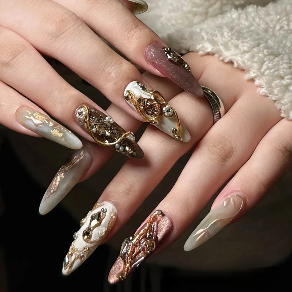 10 handmade pressed nails handmade long almond fake nails limited edition 3D nail n for Christmas and Year with set 241031