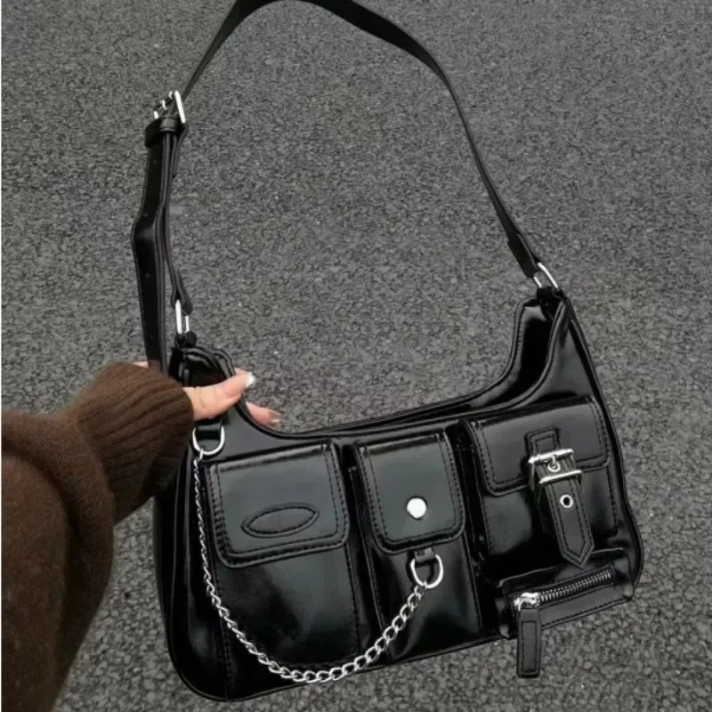 Small Niche Designer Cool And Handsome Motorcycle Multi Pocket Black Versatile Commuting Single Shoulder Diagonal Cross Bag