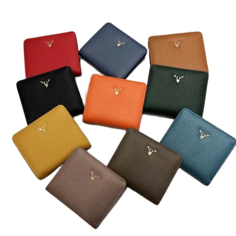 New designer cowhide women's wallet ultra-thin, compact and chic Christmas deer buckle women's genuine leather card clip wallet coin wallet