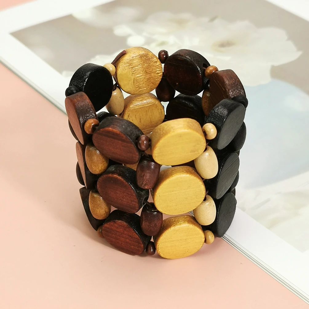 MANILAI Bohemian Multi Layers Wood Beads Cuff Bracelet Women Handmade Elastic String Bracelets & Bangles Vintage Ethnic Jewelry