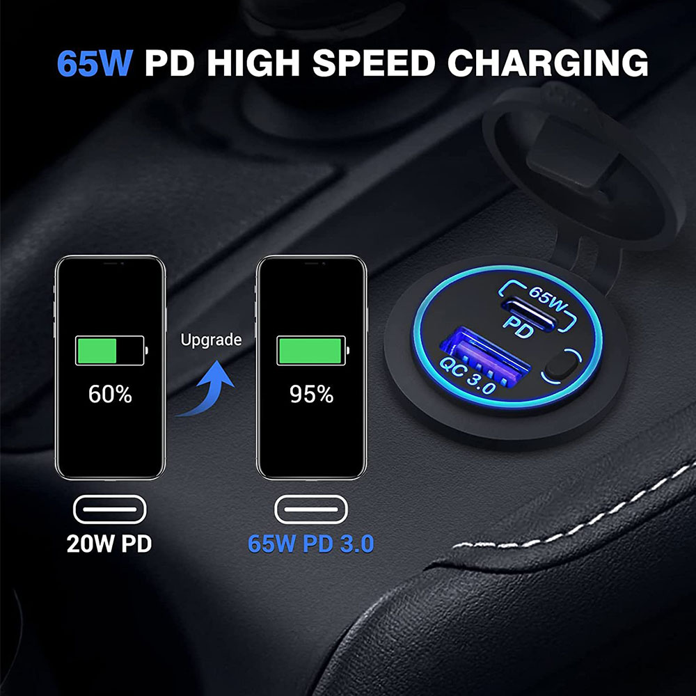 PD Car Charger 83W 12V 24V USB Outlet Laptop Motorcycle Usb-C ddmysmile PD QC 3.0 USB Port Socket Waterproof With Power Switch For RV Car Smile -C