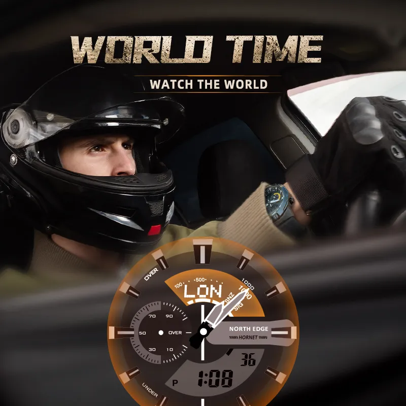 NORTH EDGE 2022 HORNET Men's Digital Watch Running Cycling Sports Watches Waterproof 50M World Time Speed Illuminator Wristwatch