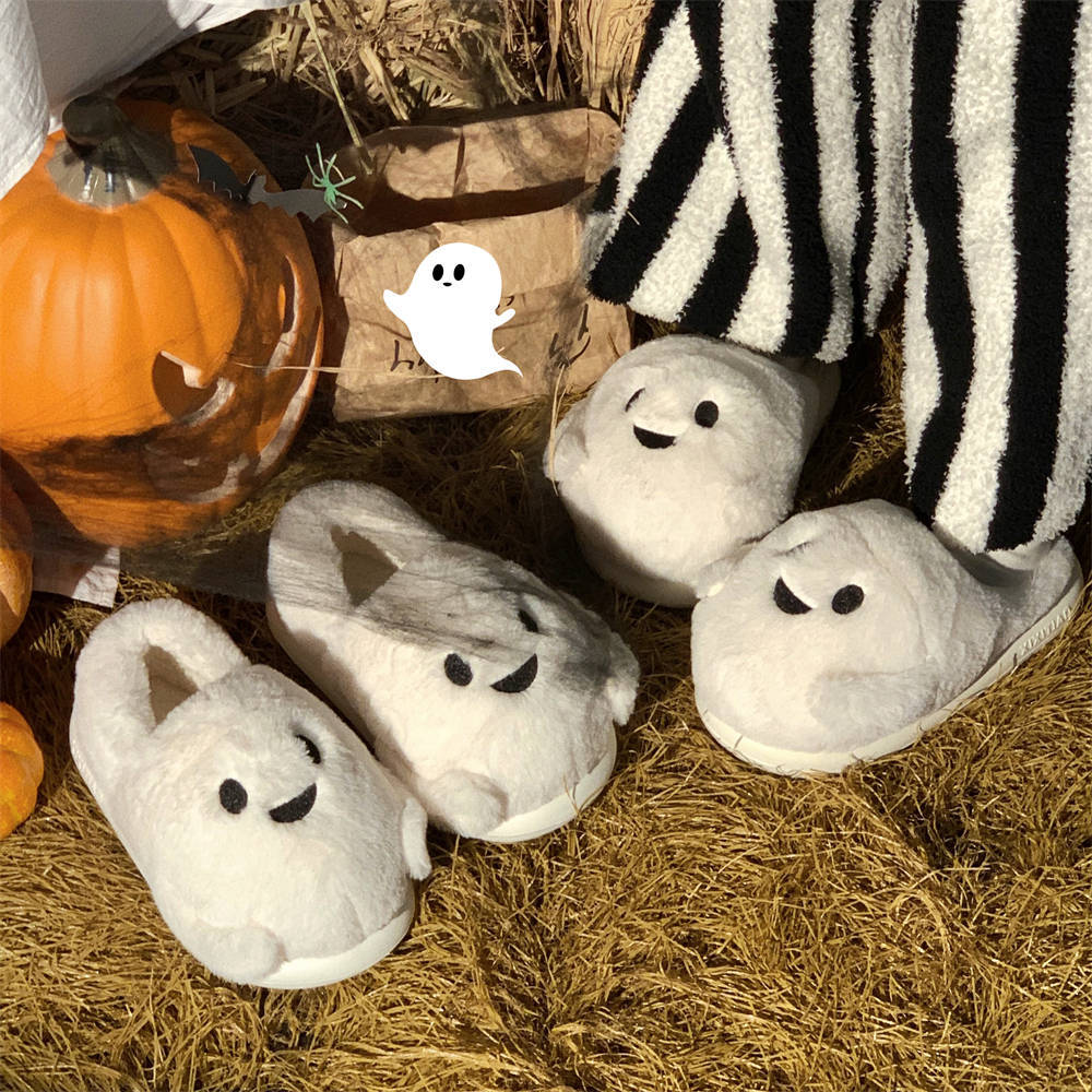 Cute little ghost Winter toe pack Warm cotton slippers Soft sole Slipper ladies indoor floor flat home couple non-slip shoes