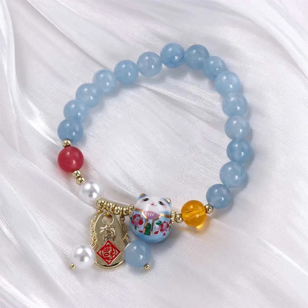 Blue Pearl Crystal Lucky Cat Pendant Jade Beaded Bracelet Bracelet Simple Ceramic Maneki Neko Retro Ethnic Style Bracelet