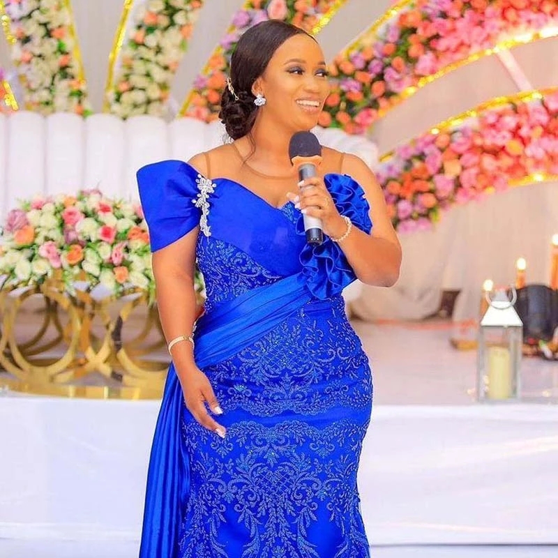 Blue Sexy Royal Mermaid Evening Dresses Illusion Appliques Lace Crystal Beaded Short Sleeves Sweep Train Custom Prom Party Gowns Elegant Lz0304