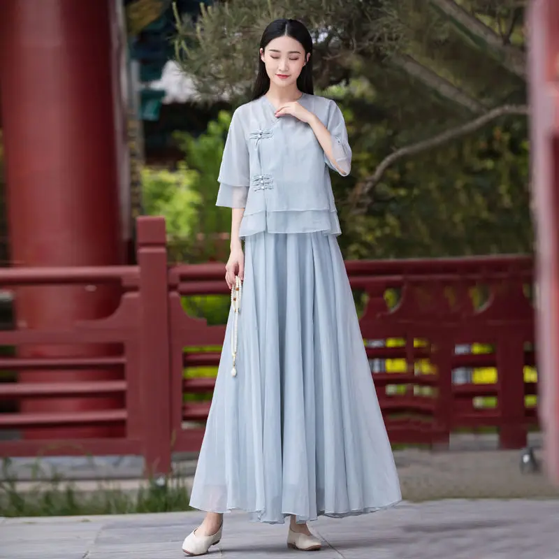 Improved Retro Hanfu Summer Skirt Women's Suit Cheongsam Chinese Zen Tea Clothes Fairy Chinese Suit Women Chinese Traditional
