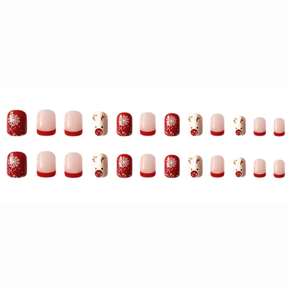 Christmas gel nail set with 24 cute snow deer false nails 241031