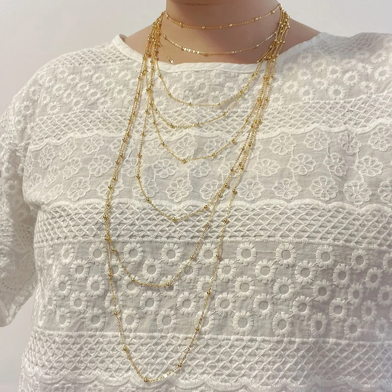 35cm-90cm 925 Sterling Silver Gold Color Beaded Cross Chain Choker Necklaces Women Girls Jewelry Kolye Collares Collane Ketting