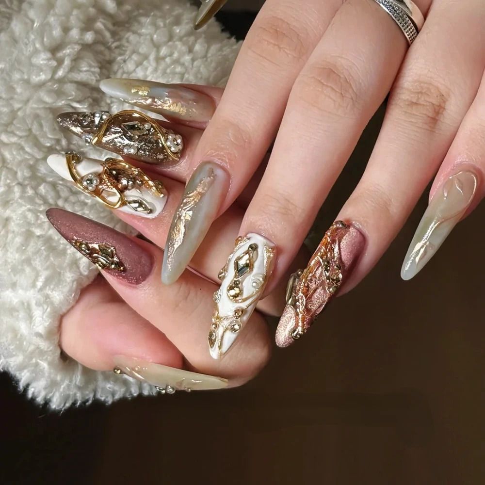 10 handmade pressed nails handmade long almond fake nails limited edition 3D nail n for Christmas and Year with set 241031